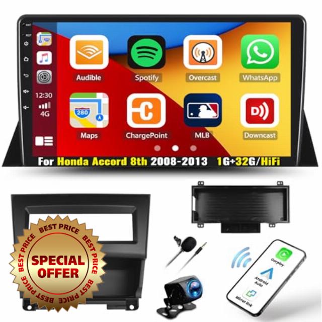 for Honda Accord 8th 2008-2013 Radio Android 13 Car Stereo Wireless Apple Carplay Android Auto with Bluetooth 10.1 Inch Touch Screen GPS Navigation