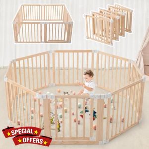 Foldable Wooden Baby Playpen-61"x61"x25"-Large Baby Gate Playpen with Child-Proof Lock-Easy Assembly