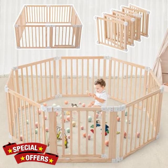 Foldable Wooden Baby Playpen-61"x61"x25"-Large Baby Gate Playpen with Child-Proof Lock-Easy Assembly