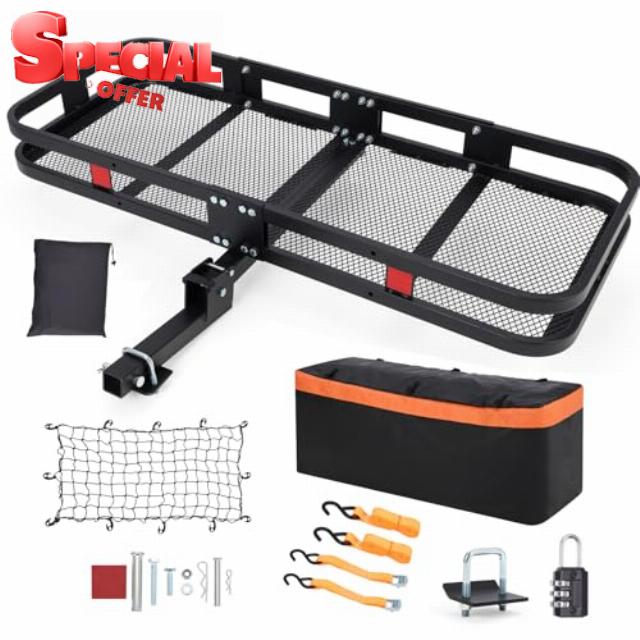 Hitch Mount Cargo Carrier Basket | 60"x24"x6" | 500 Lb Capacity | Includes Waterproof Cargo Bag (15 Cubic Feet)