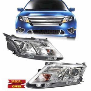 A Pair Chrome Bezel Headlight Fit for 2010 2011 2012 Ford Fusion Halogen Type W/Bulbs Left Driver Right Passenger Side Projector Headlamp Assembly