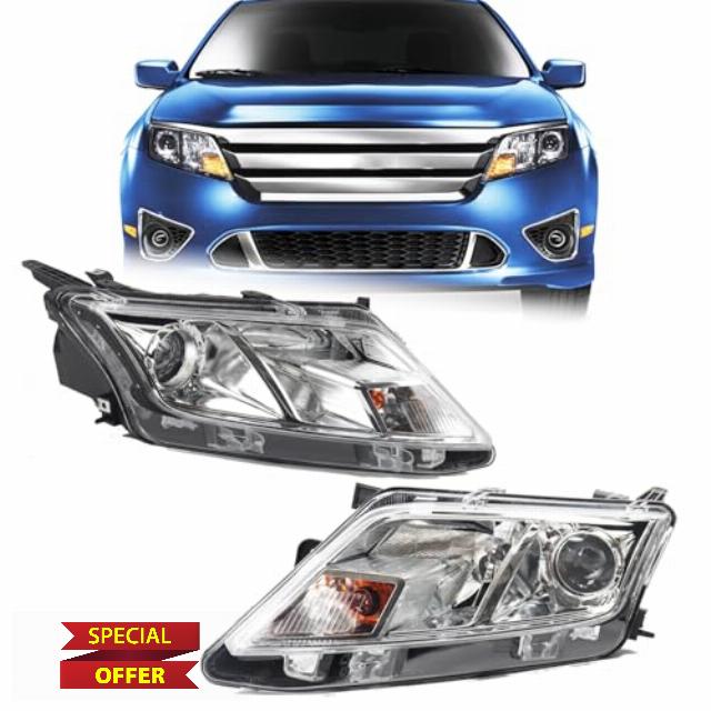 A Pair Chrome Bezel Headlight Fit for 2010 2011 2012 Ford Fusion Halogen Type W/Bulbs Left Driver Right Passenger Side Projector Headlamp Assembly