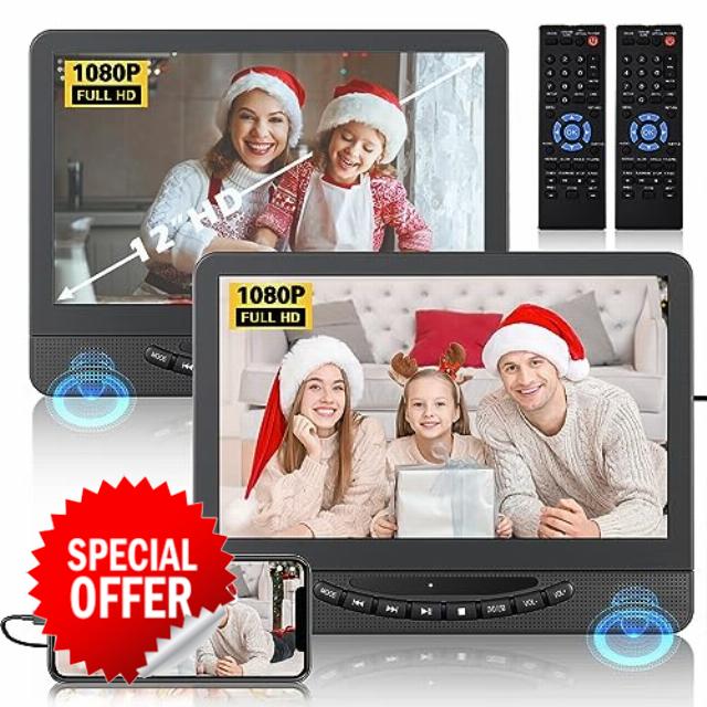 12" Dual Portable DVD Player for Car with 1080P HDMI Input