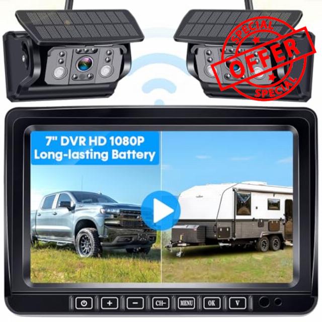 Dual RV Wireless Backup Camera for Trailer: Easy Setup Solar RV Rear View Camera with 7-inch Recording Monitor - 4 Channels Strong Magnetic HD 1080P Long-Battery Life for Camper