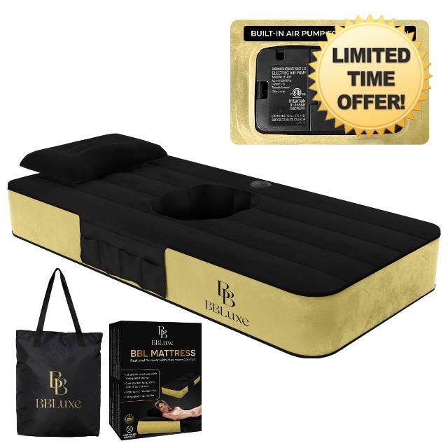 Upgraded BBL Bed Mattress – Inflatable Post-Surgery Recovery Bed with Gluteal Cutout – Thickened Material for Comfort – Built-in Air Pump – Cup Holder & Storage Pocket - Black & Gold