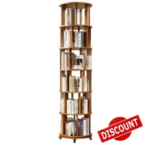 6 Tier Rotating Bookshelf Tower Spinning Bookshelf with Swivel Wheels Book Shelf Rotating Storage Tower for Kids Adult Narrow Walnut Solid Wood Revolving Bookcase Organizer for Bedroom Living Room