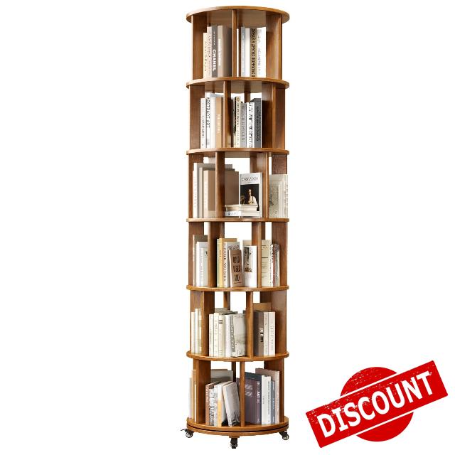 6 Tier Rotating Bookshelf Tower Spinning Bookshelf with Swivel Wheels Book Shelf Rotating Storage Tower for Kids Adult Narrow Walnut Solid Wood Revolving Bookcase Organizer for Bedroom Living Room