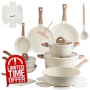 22 Pcs Pots and Pans Set Non Stick Non-Toxic Ceramic Kitchen Cookware Sets Nonstick Pot&Pan With Lid Cream White Granite Induction Compatible with Glass Lids Crepe Frying Pan FOA/PFOS-Free