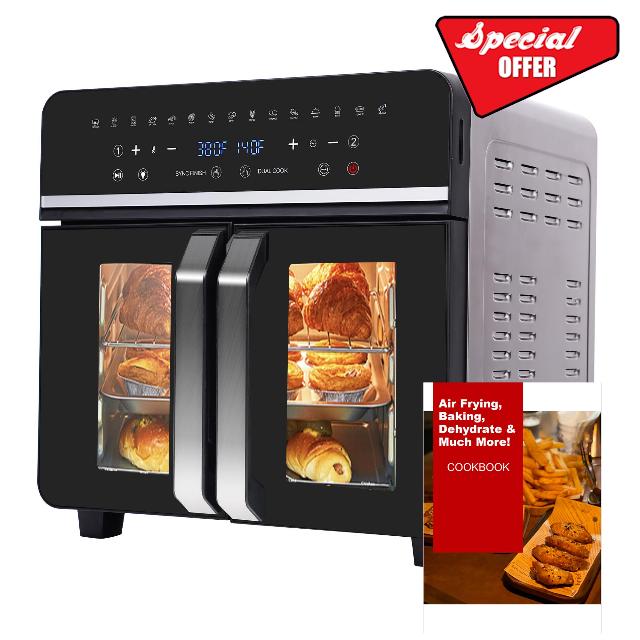 24Qt Large Air Fryer Oven French Door 15 in 1 Multi-Function Digital Controls Convection Oven Stainless Steel Dual Zone Electric Oven Toaster Combo with 13 Accessories & Cookbook