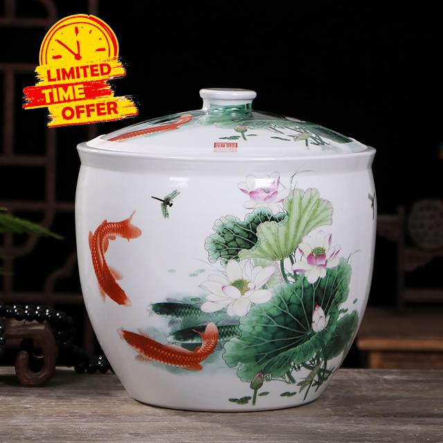 Ceramic Rice Jar Household Rice Bucket Grain Dispenser Food Storage Jars Food Storage Containers Rice Cylinder With Lid Chinese Jar Ceramic Decorative Box Airtight Rice Bucket Ginger Jar For Tea(E