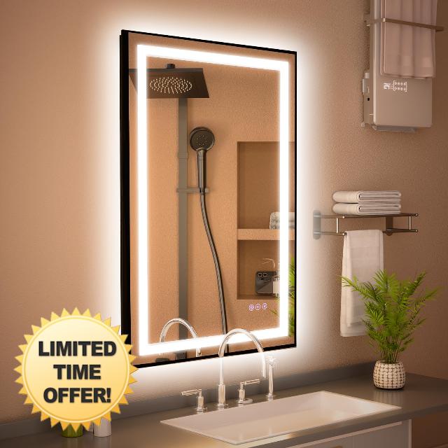 LED Bathroom Mirror with Black Frame: 24"x32" Wall Mirrors with Lights Front and Backlit