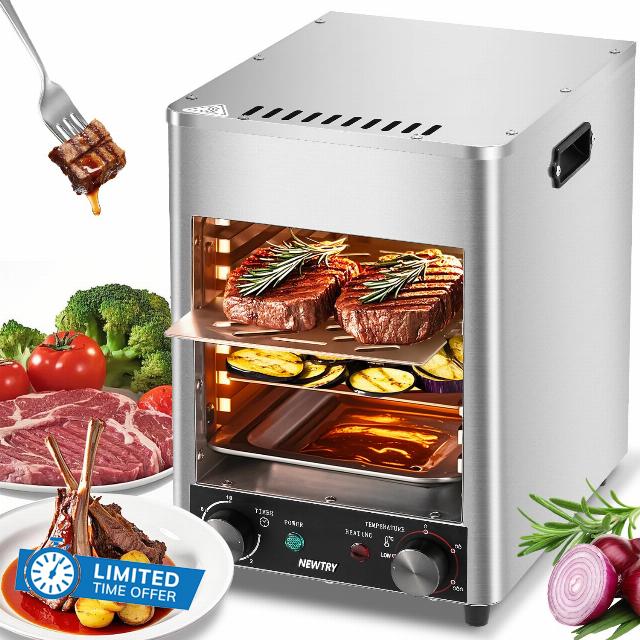 NEWTRY 1700W Electric Steak Broiler Indoor Steak Grill Automatic Steak Smoker Broiler Gas-Free Time Temperature Adjustable for Beef Chicken Vegetables 110V US