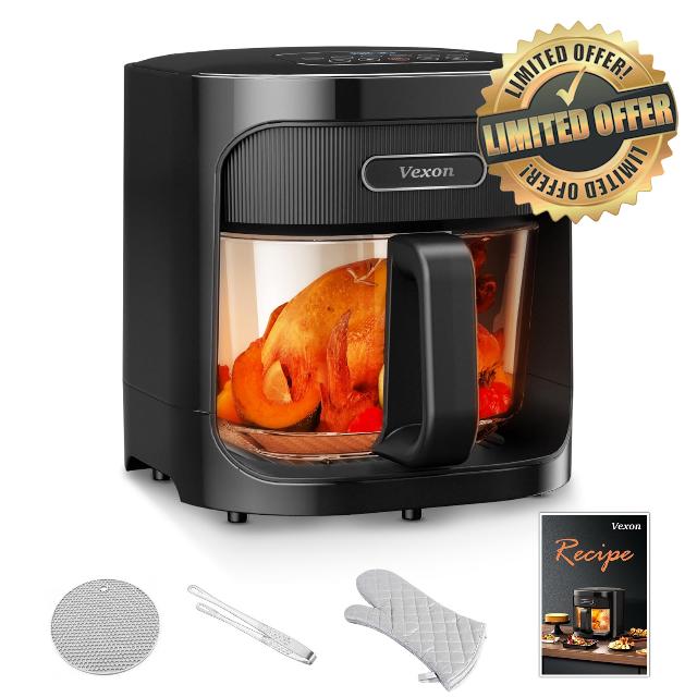 Vexon 4.5L Glass Air Fryer ,Clear Viewing Window ,Easy-to-Clean Basket ,Multiple Cooking Modes ,User-Friendly Digital Controls (Black)