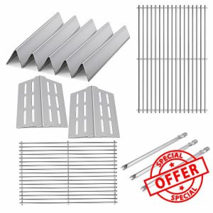 Stainless Steel 7524 7528 Grill Grates with 7620 7621 Flavorizer Bars 65505 Heat Deflectors and 62752 Burner for Weber Genesis Grill Parts 300 Series E310 E320 E330 S310 S320 S330