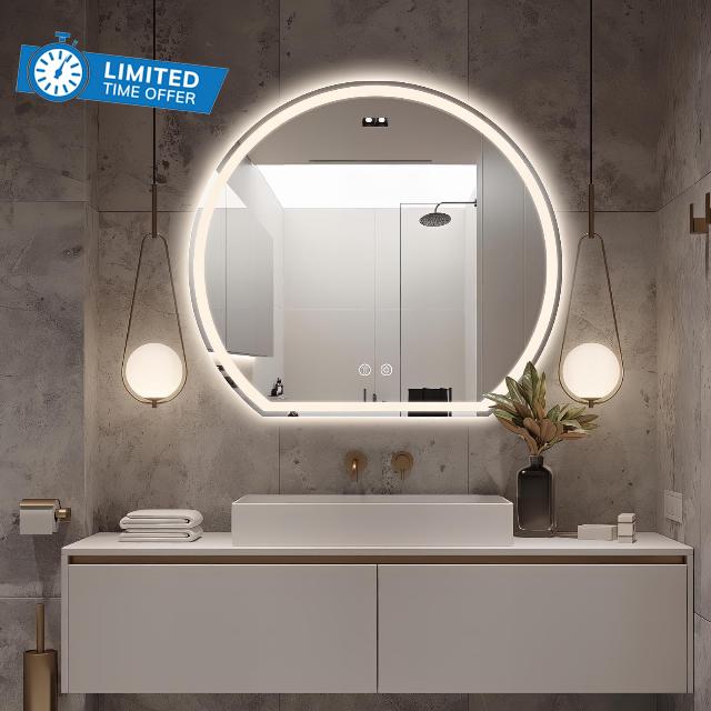 Niccy Half Moon Round LED Bathroom Mirror for Wall