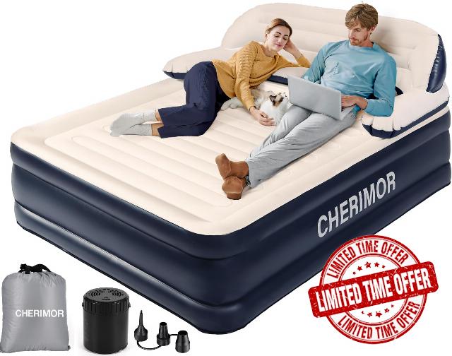 Queen Air Mattress with Headboard and Rechargeable Built-in Pump
