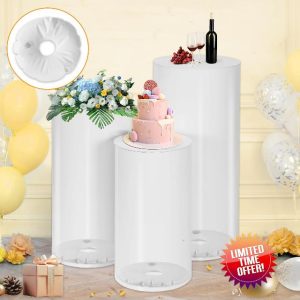 Thickened PVC Cylinder Pedestal Stands 3Pcs with Free Weighted Water Bag - White Round Pedestal Stand for Wedding