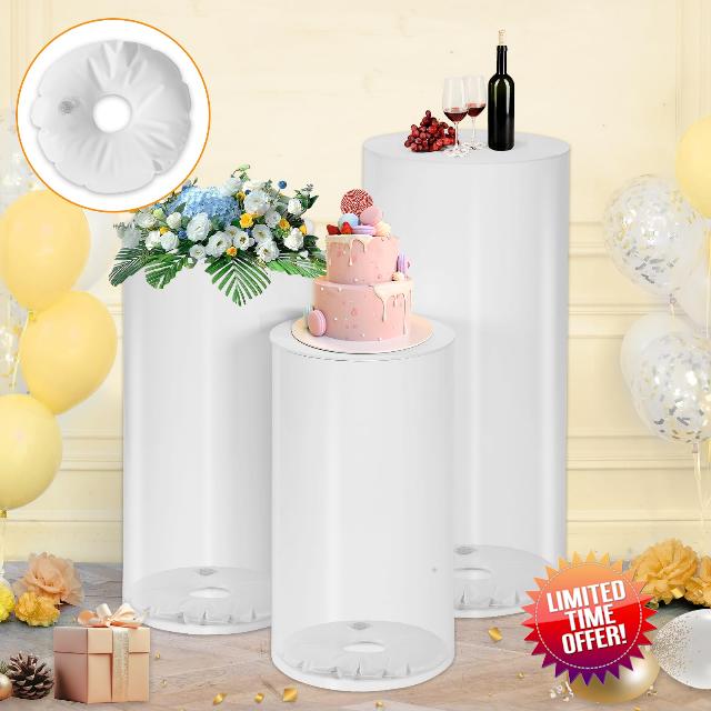 Thickened PVC Cylinder Pedestal Stands 3Pcs with Free Weighted Water Bag - White Round Pedestal Stand for Wedding