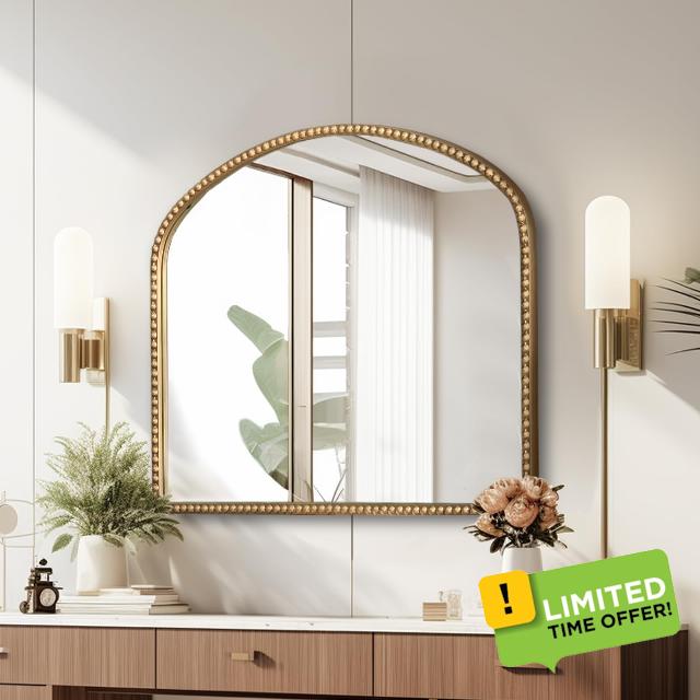 Arched Antique Gold Bathroom Mirror Baroque Metal Beaded Frame Wall Mirrors Decorative Wall Mirrors for Vanity Bedroom Entryway