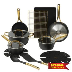 Oster Platinum Abbottsford 16 Piece Aluminum Pots and Pans PFA Free Ceramic Non stick Induction Kitchen Cookware Set - Black W/Gold