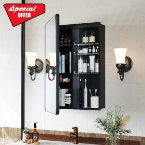 Recessed Medicine Cabinets for Bathroom with Mirror: 16x24 Wall Mount Mirrored Vanity Chest - 16 x 24 inch Small Storage Cabinet with Adjustable Shelves - Matte Black Frame