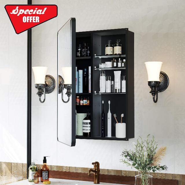 Recessed Medicine Cabinets for Bathroom with Mirror: 16x24 Wall Mount Mirrored Vanity Chest - 16 x 24 inch Small Storage Cabinet with Adjustable Shelves - Matte Black Frame