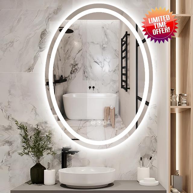 Oval Bathroom Mirror with Lights 36 x 24 Inch Oval Mirror with Lights for Bathroom Anti-Fog Dimmable 3 Colors Wall Mounted Lighted Bathroom Mirror Shatter-Proof Memory LED Bathroom Mirror