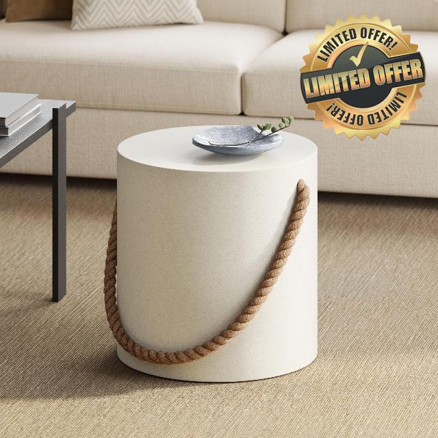 Modway Isera Concrete Stool in Light Gray with Braided Rope Handles - Indoor Outdoor Cement Accent End Table - Stone Stool Side Table for Patios