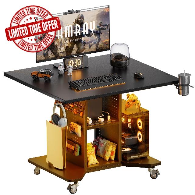 Pamray Small Rolling Gaming Desk with Led Lights Power Outlets and Storage Pegboard