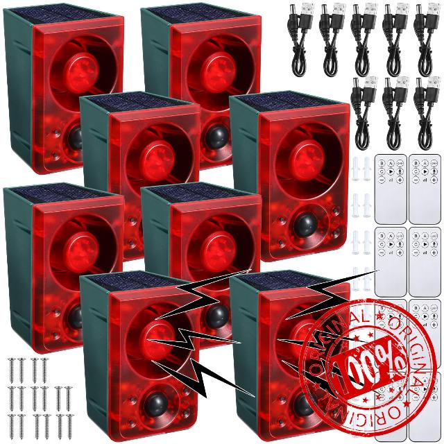 Qualirey 8 Pcs Solar Outdoor Motion Sensor Alarm Animal Deterrent Gunshot Sound Dog Barking Alarm 130db Loud Noise Maker 3 Modes with USB Remote Control
