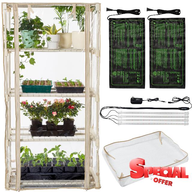 Carpathen Indoor Greenhouse with Grow Lights - 4 Tiers 27.2"L x 19.3"W x 54"H with 2 Dimmable 15W Full Spectrum LED Light Strips and Spectrum Control and Heat Mat - Mini Greenhouse with Zip PVC Cover