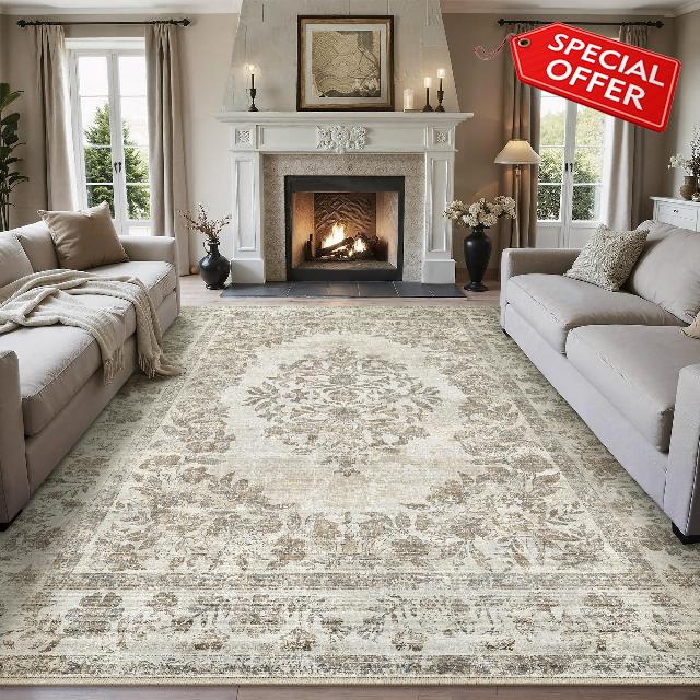 Vintage Area Rug 8x10 Beige Washable Distressed Carpet Large Living Room Bedroom Indoor Medallion Floral Non Slip Retro Throw Floor Mat for Office Dining Room Kitchen Bathroom