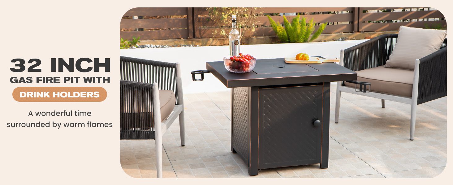 32’’Propane fire pit table with drink holders