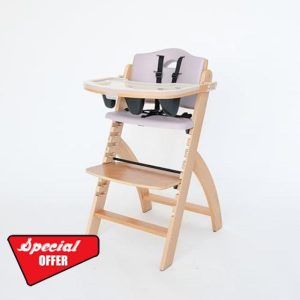 Abiie Beyond Junior Wooden High Chair with Tray - Adjustable and Convertible High Chair for Babies and Toddlers - 6 Months to 250 Lb - Water Resistant - Natural Wood with Lilac Cushion