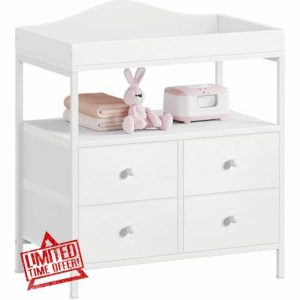 BOLUO White Changing Table Dresser with 4 Fabric Drawers and Open Shelf