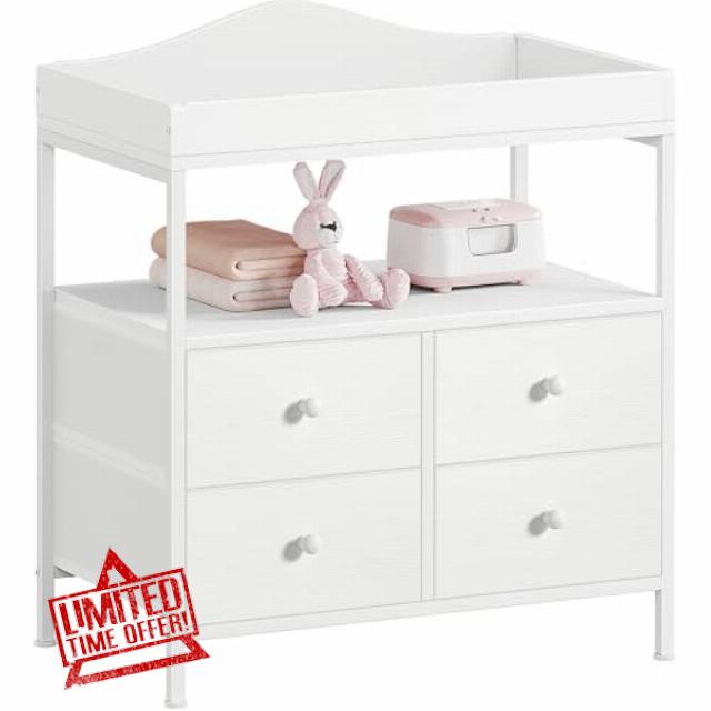 BOLUO White Changing Table Dresser with 4 Fabric Drawers and Open Shelf