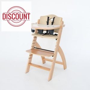 Abiie Beyond Junior Wooden High Chair with Tray - Adjustable and Convertible High Chair for Babies and Toddlers - 6 Months to 250 Lb - Water Resistant - Natural Wood with Beige Cushion