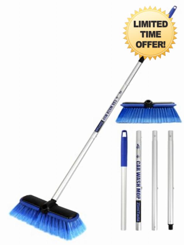 ZimiTeda PBT Car Wash Brush with Long Handle 10'' Larger Soft Bristle Brush Head Rubber Bumper for Vehicle Wheel RV SUV Boat Truck Solar Panel Deck Washing