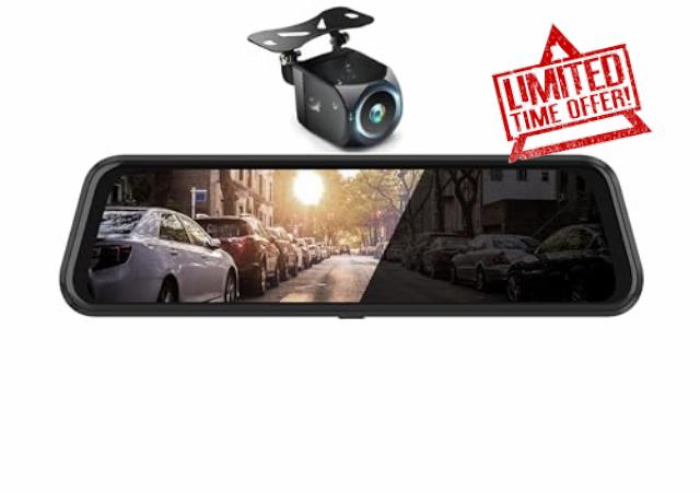 Upgraded 10'' Rear View Mirror Camera Mirror Dash Cam Front and Rear 1080P Backup Camera Night Vision Full Touch Screen w Loop Recording 170° Wide Angle
