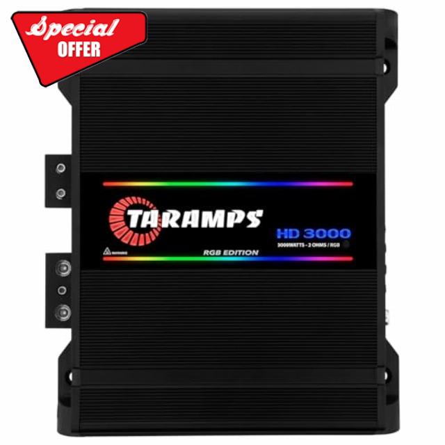 Taramps HD 3000 2 Ohms Black RGB Effects 1 Channel 3000 Watts RMS MAX Full Range Car Audio Monoblock LED Monitor Indicator Class D Amplifier Crossover