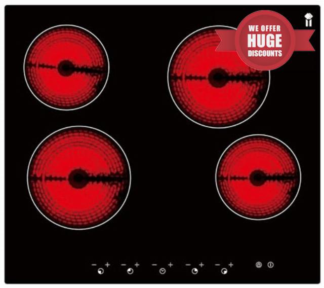 Ceramic Glass Hob 4 Zone Electric 6000W Touch Control - Black
