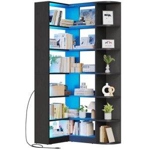 Black Bookshelf 6 Tier Corner Shelf L-Shaped Bookcase Storage Display Shelf for Home Office