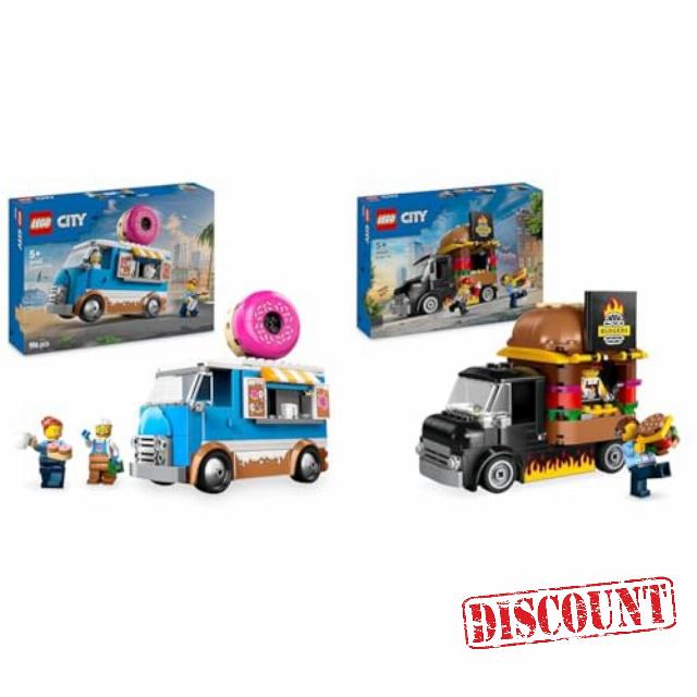 LEGO City Donut Truck Toy + Burger Van Building Toys Mobile Food Stand & Food Truck Toys for 5+ Year Old Boys & Girls 60452 + 60404