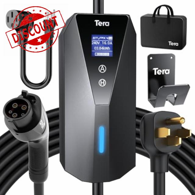 Tera Electric Vehicle Charger Portable: Level 2 & 1 J1772 16A 8A 240V 110V ETL NEMA 14-50 Plug EV Charging Station with NEMA 5-15 Adapter Cord 23FT Indoor & Outdoor Cable P02