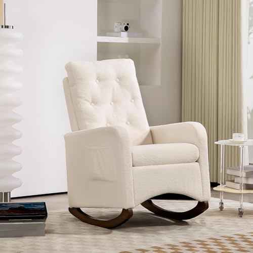 Comfy Upholstered Glider Rocker Armchair with Rubber Wood Legs High Back and Side Pocket for Living Room Bedroom