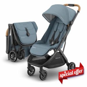 UPPAbaby Minu V3 Travel Stroller | Lightweight + Compact Design | One-Hand Fold + Unfold | from Birth + Overhead Compatible | Dillan (Stone Blue/Carbon Frame/Sand Leather)