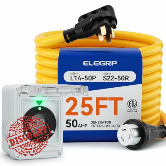 ELEGRP 50 Amp Generator RV Cord 25 FT and Power Inlet Box