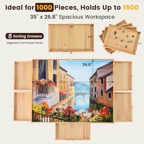 35"x26.8" Felt Mat Puzzle Table with 5 Drawers and Cover