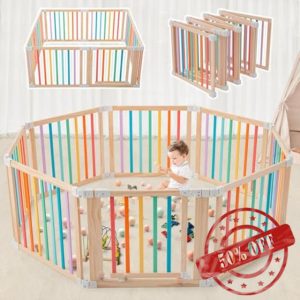 Foldable Wooden Playpen-61"x61"x25"-Large Baby Gate Playpen with Child-Proof Lock-Easy Assembly