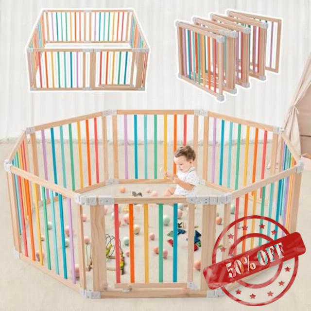 Foldable Wooden Playpen-61"x61"x25"-Large Baby Gate Playpen with Child-Proof Lock-Easy Assembly
